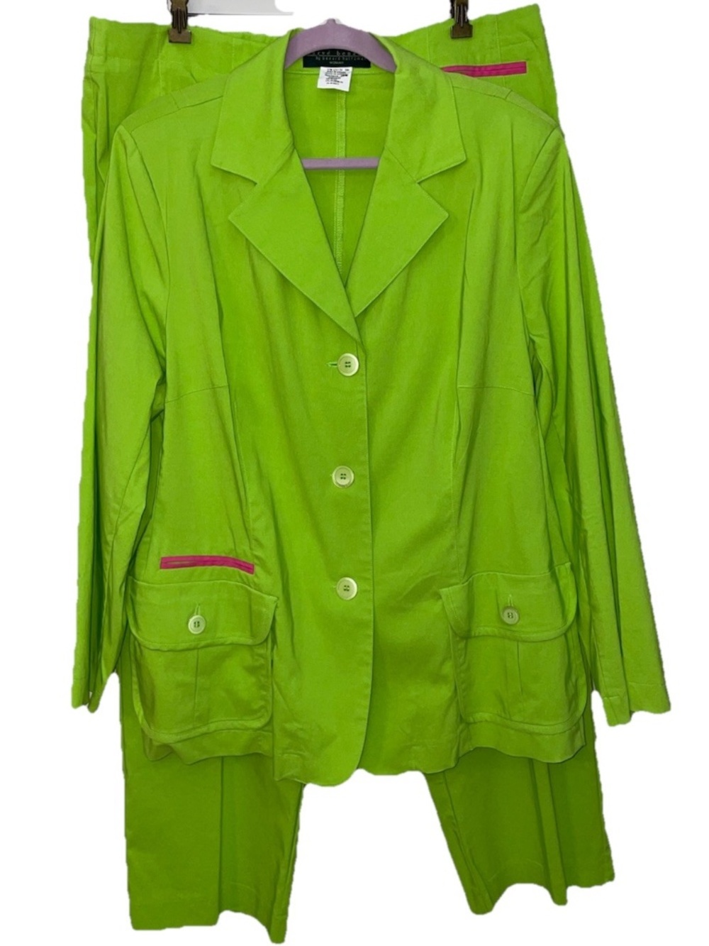 Harve Benard Pant Suit 20W Jacket /18W Pants  Green & Pink Stretch EUC Vtg